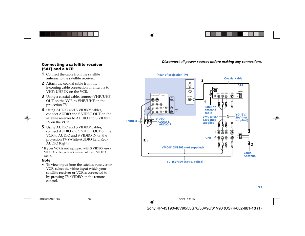 Connecting a satellite receiver (sat) and a vcr | Sony KP-53S76 User Manual | Page 17 / 58