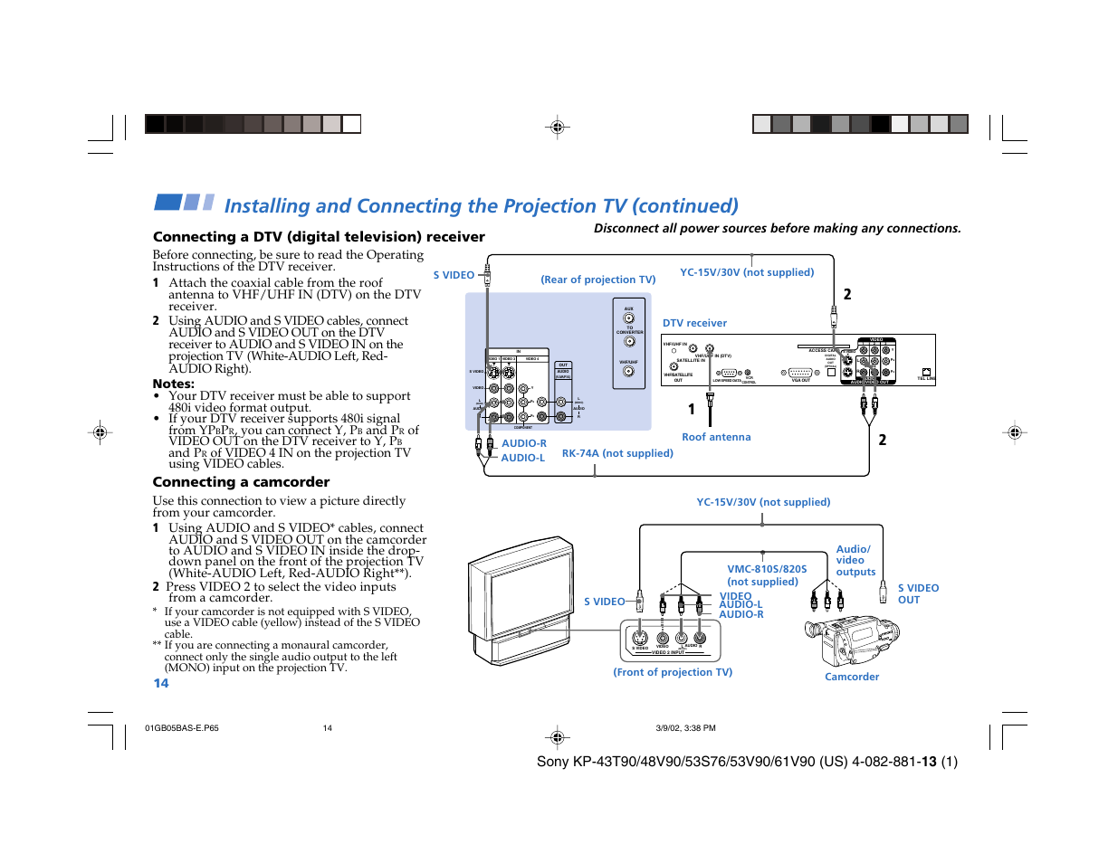 Mono), Connecting a camcorder, Connecting a dtv (digital television) receiver | Sony KP-53S76 User Manual | Page 18 / 58