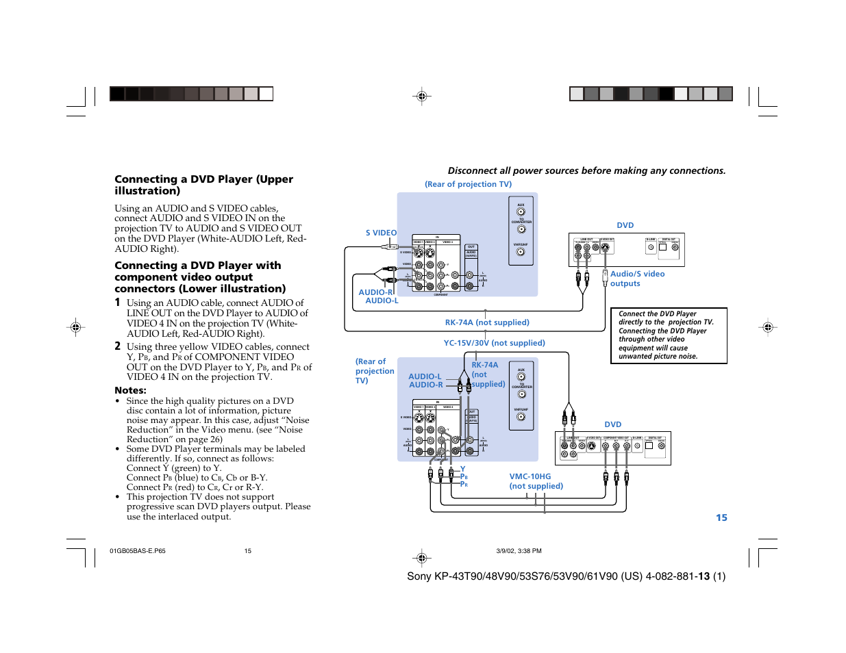 Connecting a dvd player (upper illustration), Using three yellow video cables, connect y, p, And p | Of component video out on the dvd player to y, p, Blue) to c, Or b-y. connect p, Red) to c | Sony KP-53S76 User Manual | Page 19 / 58