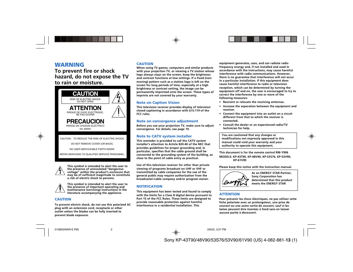 Caution, Attention, Precaucion | Warning | Sony KP-53S76 User Manual | Page 2 / 58