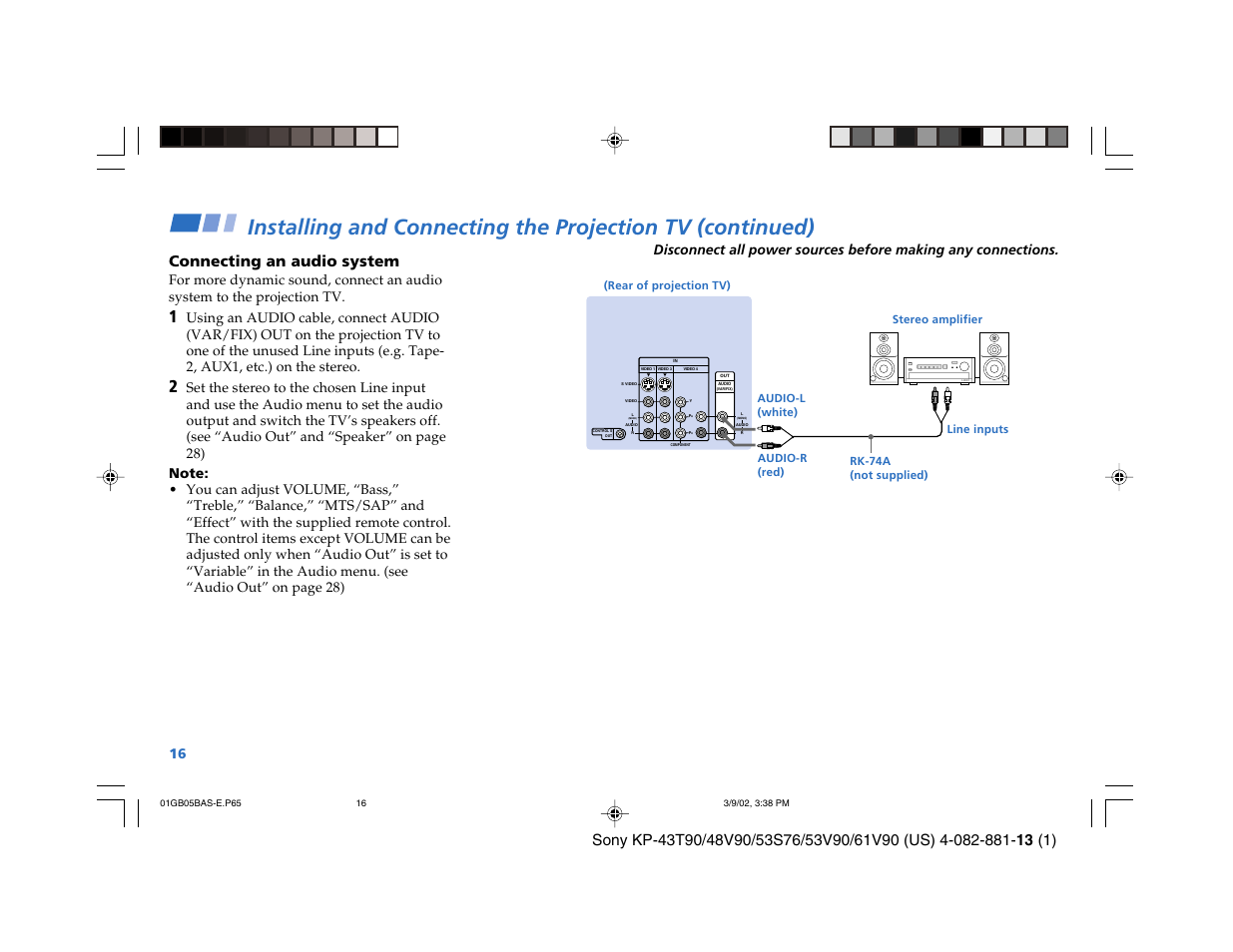 Connecting an audio system | Sony KP-53S76 User Manual | Page 20 / 58