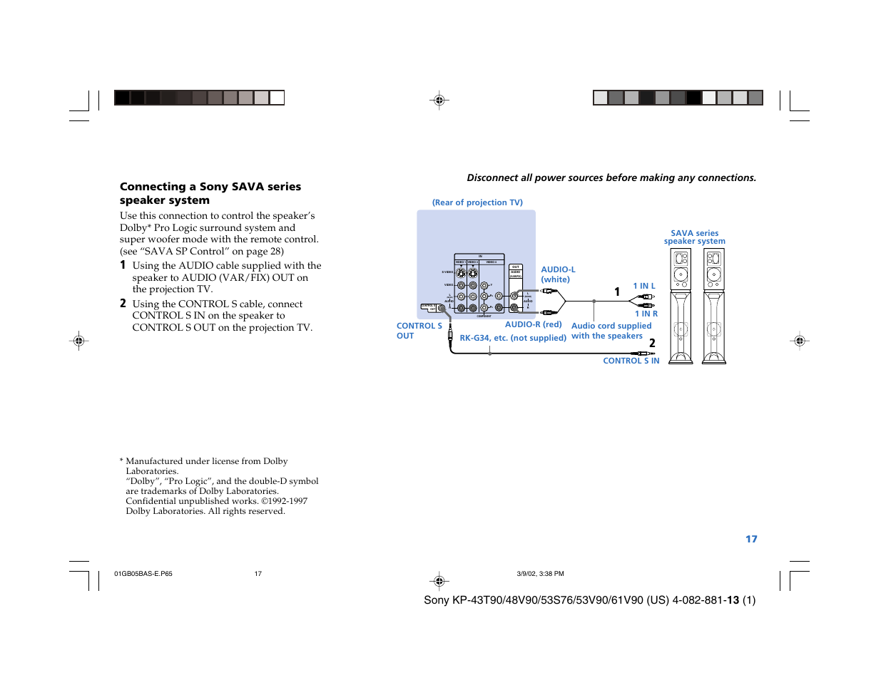 Connecting a sony sava series speaker system | Sony KP-53S76 User Manual | Page 21 / 58