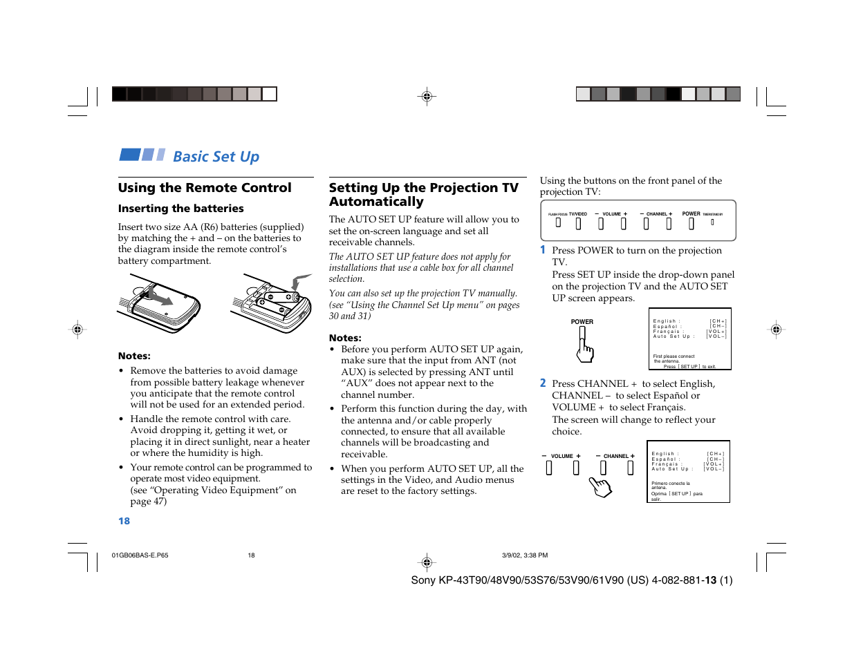 Basic set up, Setting up the projection tv automatically, Using the remote control | Inserting the batteries | Sony KP-53S76 User Manual | Page 22 / 58