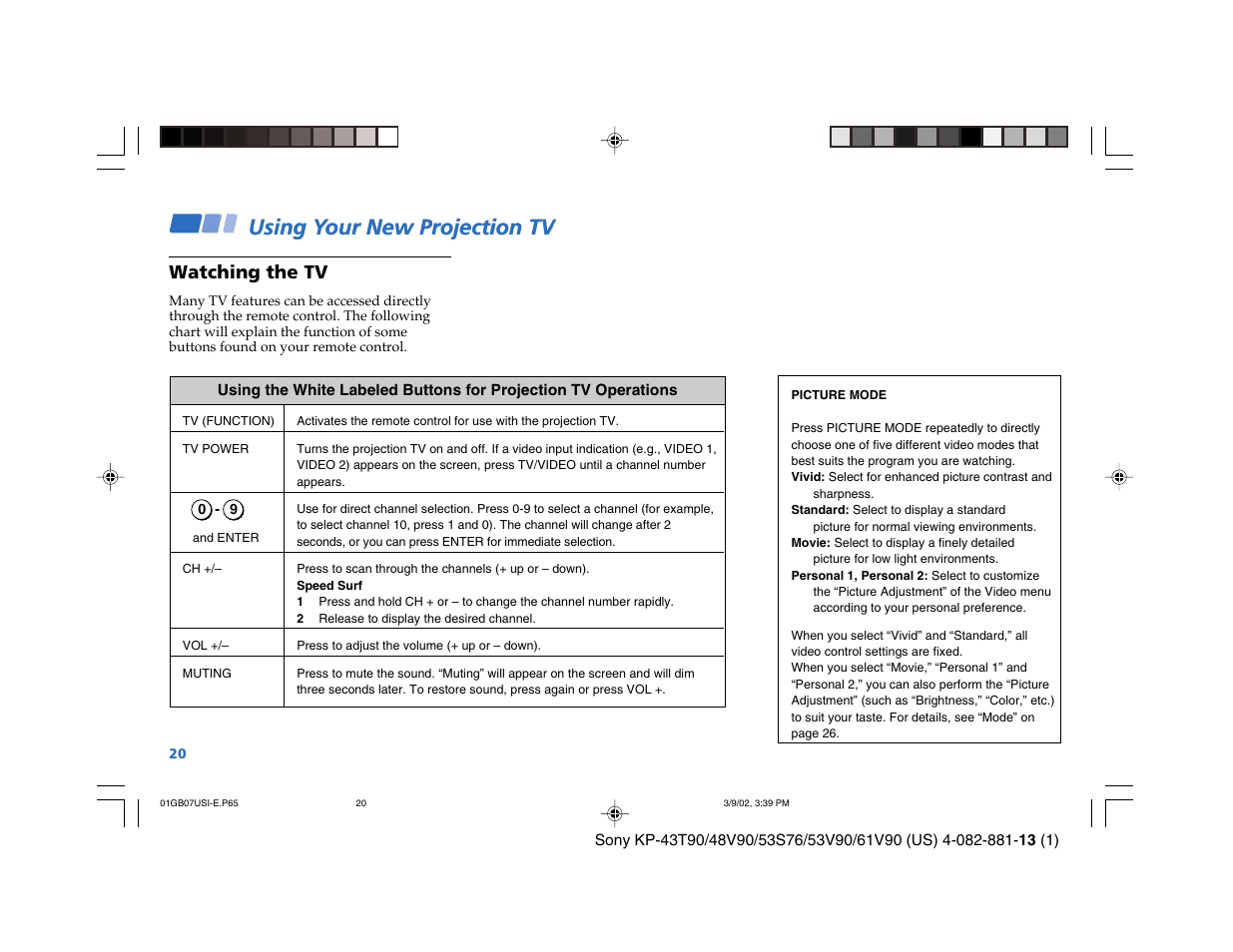 Using your new projection tv (continued), Using your new projection tv, Watching the tv | Sony KP-53S76 User Manual | Page 24 / 58