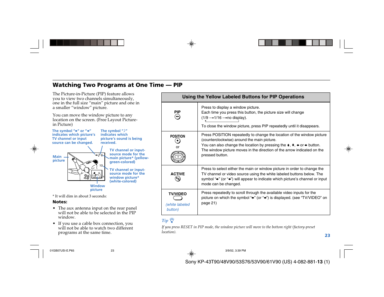 Watching two programs at one time — pip | Sony KP-53S76 User Manual | Page 27 / 58