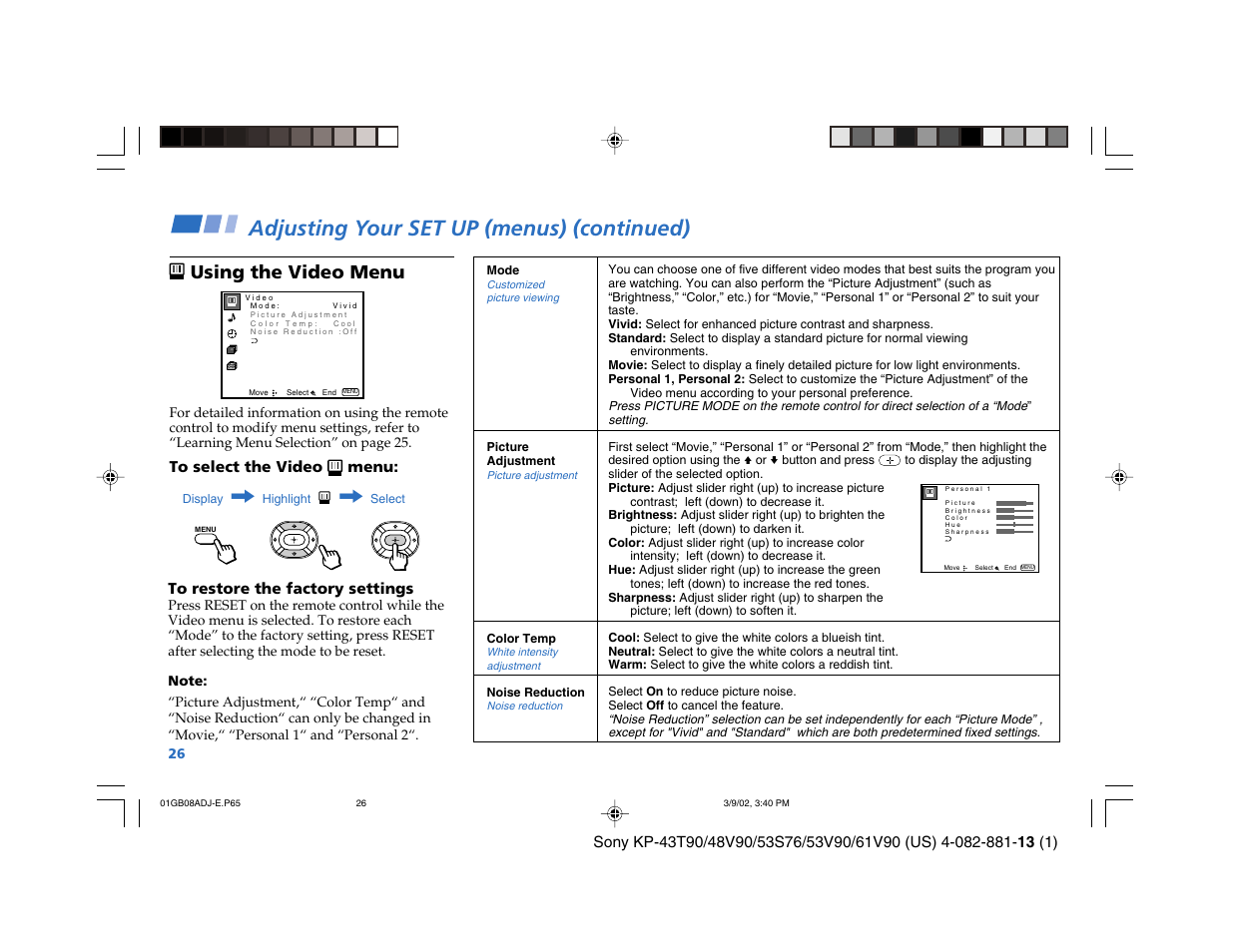 Adjusting your set up (menus) (continued), Using the video menu | Sony KP-53S76 User Manual | Page 30 / 58