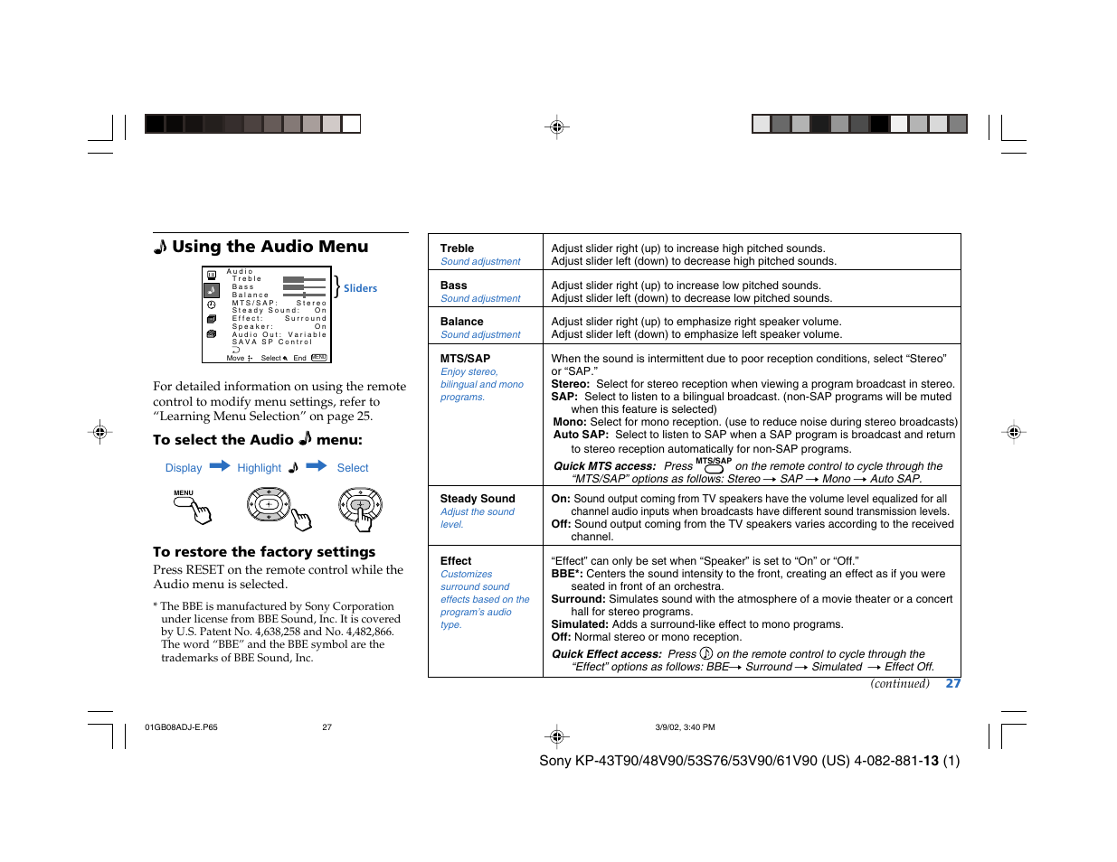 Using the audio menu | Sony KP-53S76 User Manual | Page 31 / 58