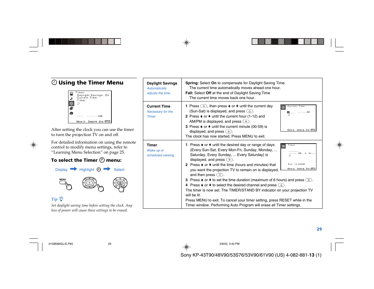 Using the timer menu | Sony KP-53S76 User Manual | Page 33 / 58