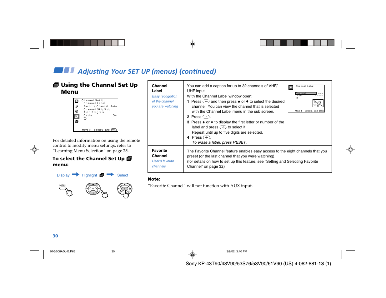 Adjusting your set up (menus) (continued), Using the channel set up menu, Menu | Sony KP-53S76 User Manual | Page 34 / 58