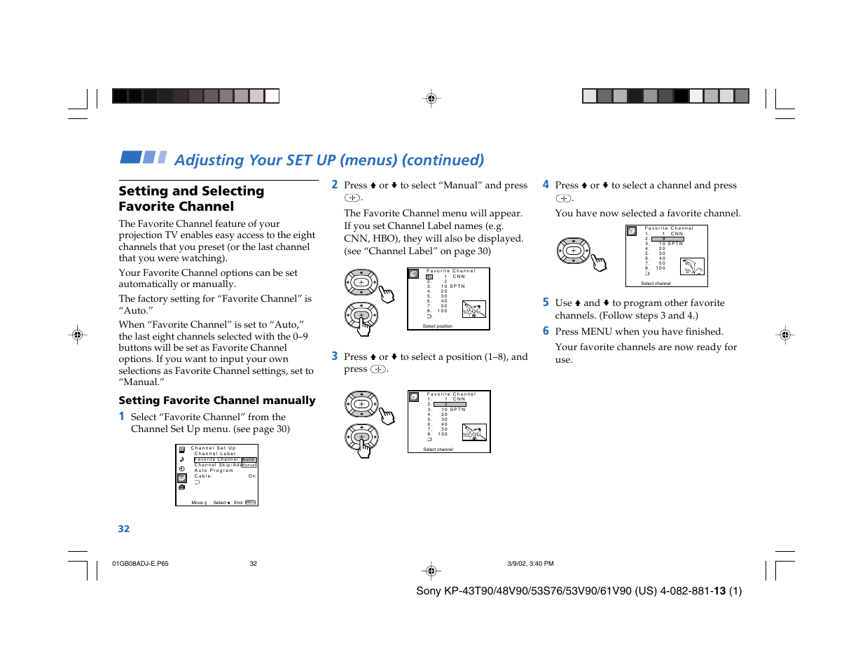 Adjusting your set up (menus) (continued), Setting and selecting favorite channel, Setting favorite channel manually | Sony KP-53S76 User Manual | Page 36 / 58