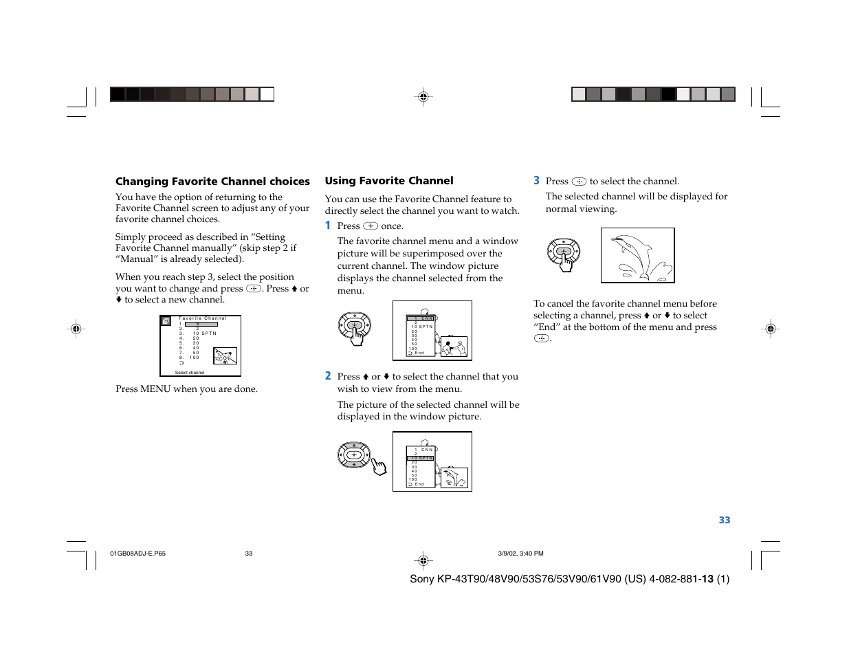 Changing favorite channel choices, Using favorite channel | Sony KP-53S76 User Manual | Page 37 / 58