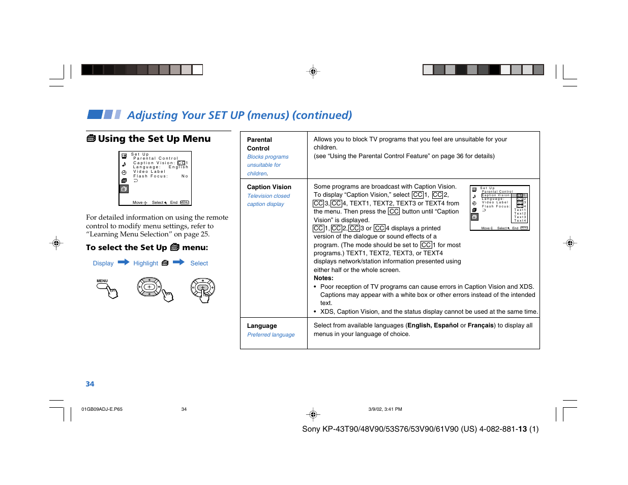 Adjusting your set up (menus) (continued), Using the set up menu | Sony KP-53S76 User Manual | Page 38 / 58
