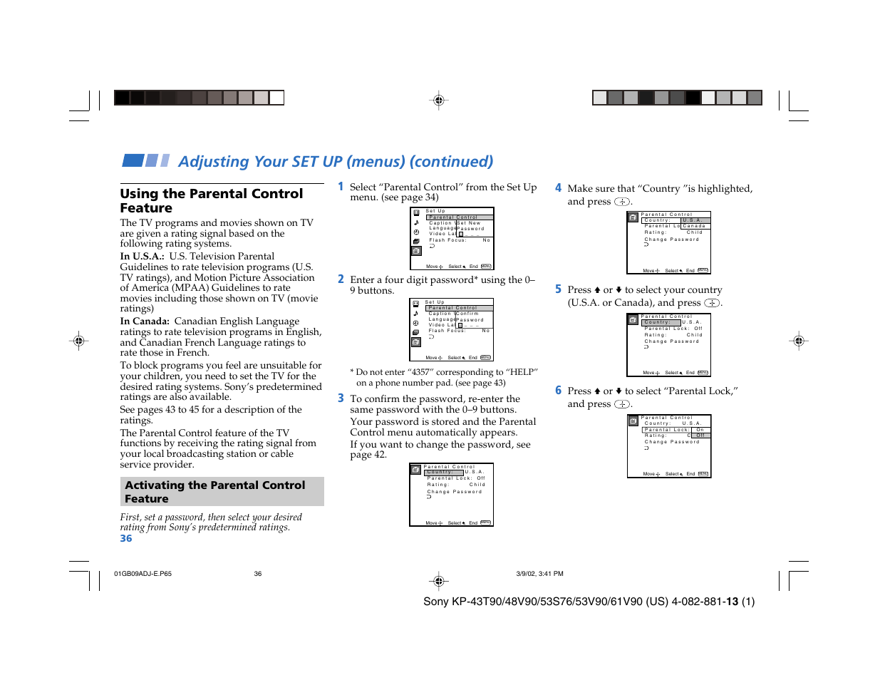 Adjusting your set up (menus) (continued), Ch using the parental control feature, Activating the parental control feature | Sony KP-53S76 User Manual | Page 40 / 58