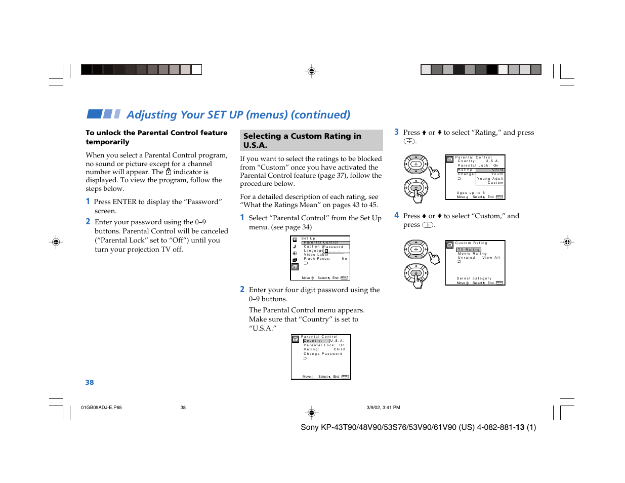 Adjusting your set up (menus) (continued), Selecting a custom rating in u.s.a | Sony KP-53S76 User Manual | Page 42 / 58