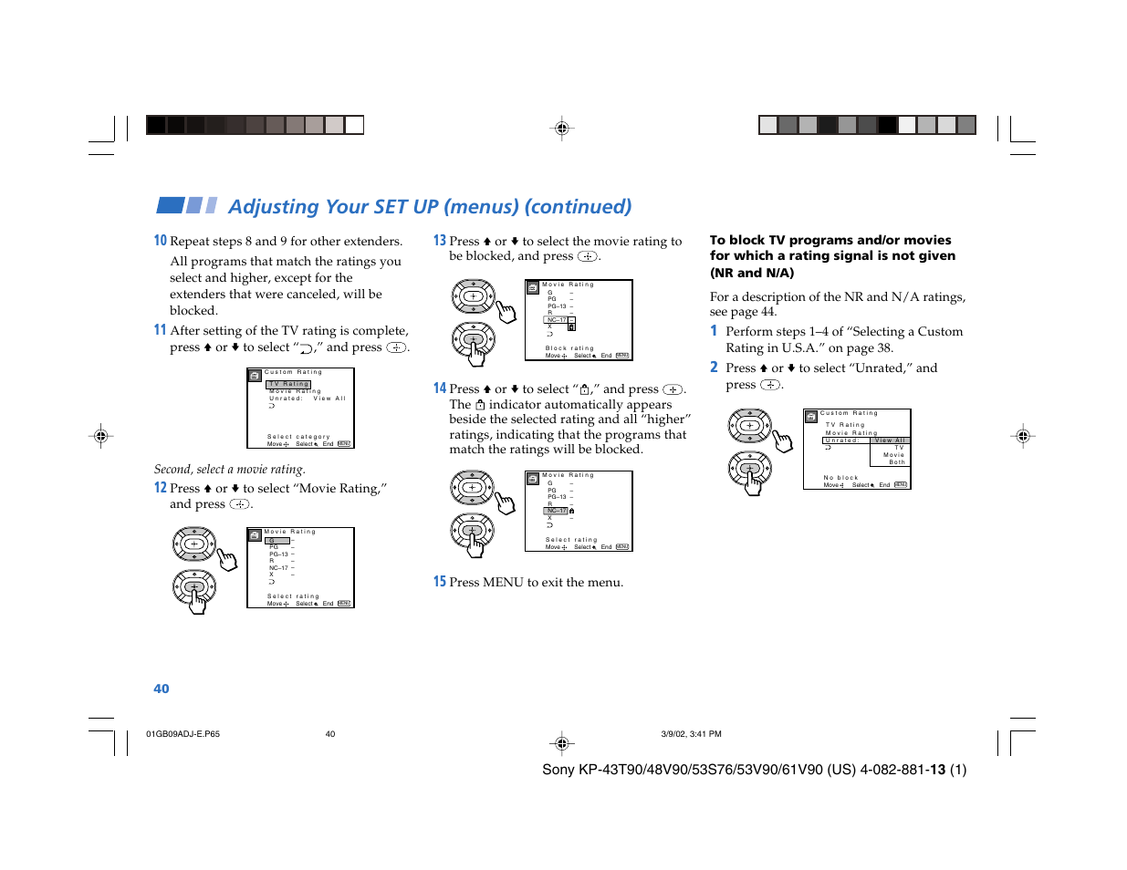 Adjusting your set up (menus) (continued) | Sony KP-53S76 User Manual | Page 44 / 58