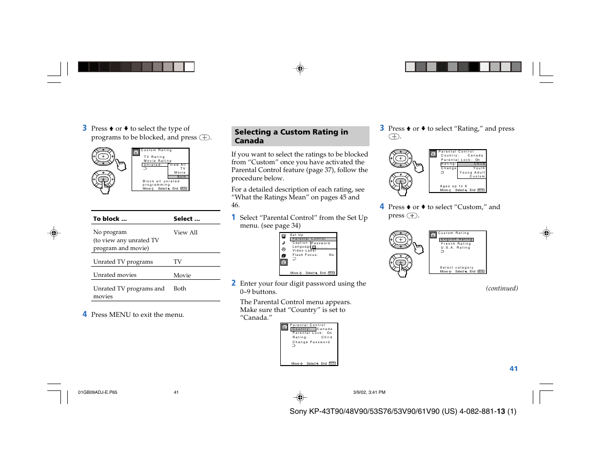 Selecting a custom rating in canada | Sony KP-53S76 User Manual | Page 45 / 58