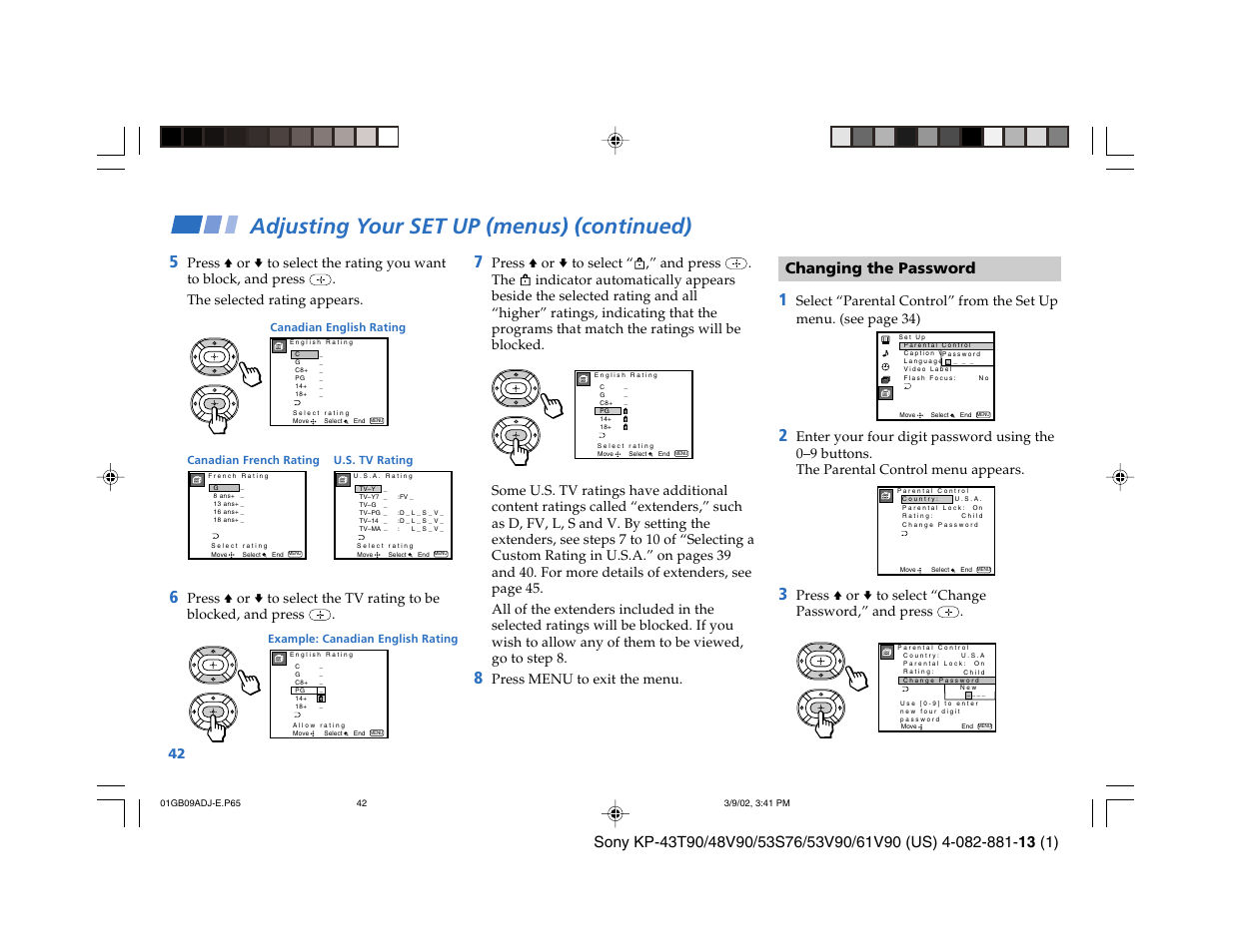 Adjusting your set up (menus) (continued), Changing the password | Sony KP-53S76 User Manual | Page 46 / 58