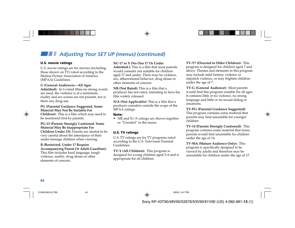 Adjusting your set up (menus) (continued) | Sony KP-53S76 User Manual | Page 48 / 58