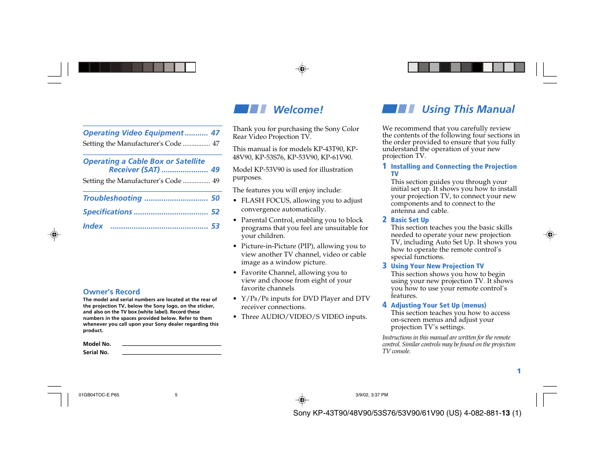 Welcome, Using this manual | Sony KP-53S76 User Manual | Page 5 / 58