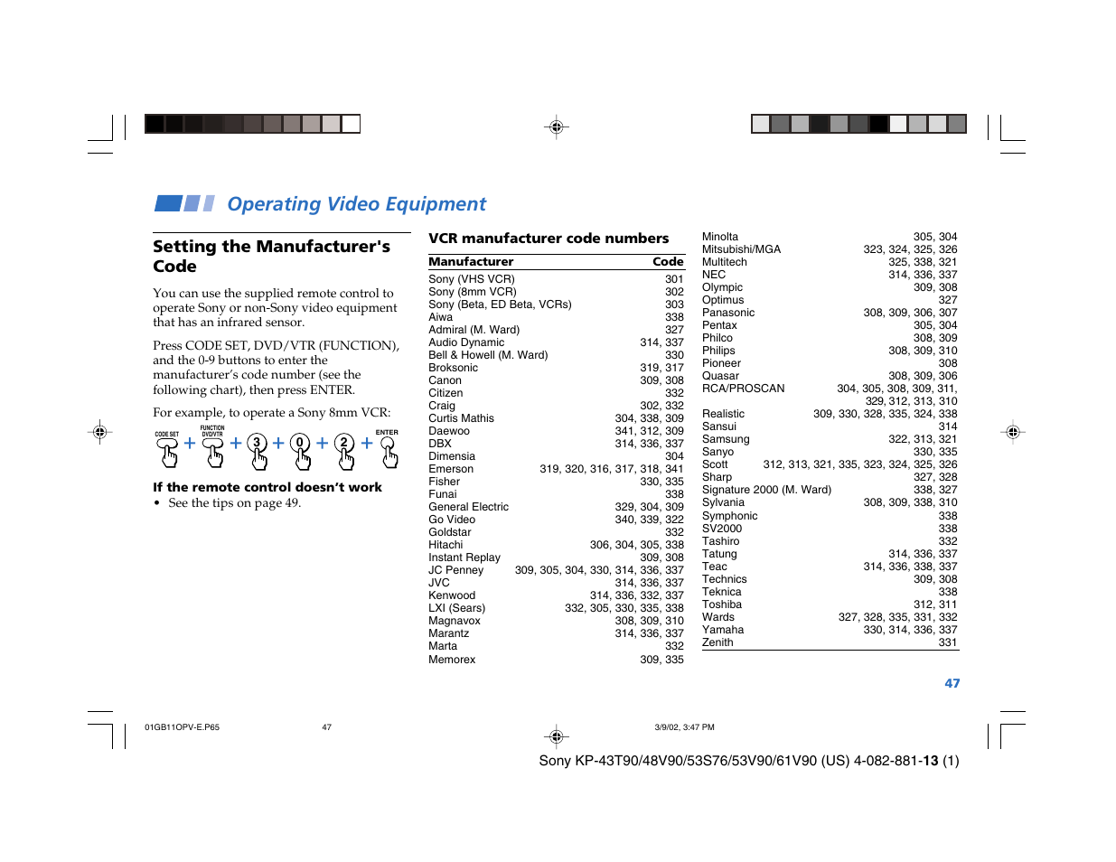 Operating video equipment, Setting the manufacturer's code | Sony KP-53S76 User Manual | Page 51 / 58