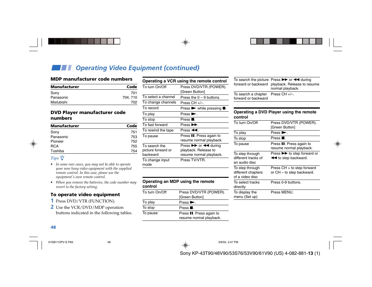 Operating video equipment (continued) | Sony KP-53S76 User Manual | Page 52 / 58