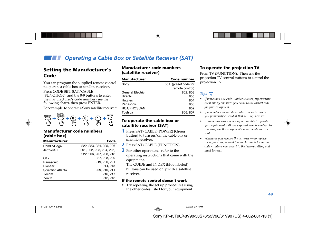 Operating a cable box or satellite receiver (sat), Setting the manufacturer's code | Sony KP-53S76 User Manual | Page 53 / 58