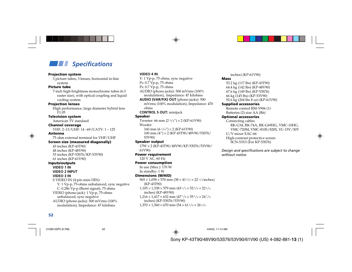 Specifications | Sony KP-53S76 User Manual | Page 56 / 58