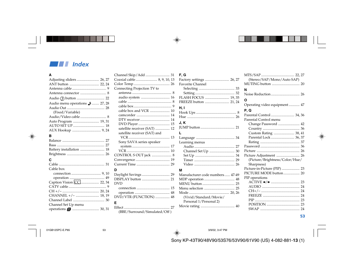 Index | Sony KP-53S76 User Manual | Page 57 / 58