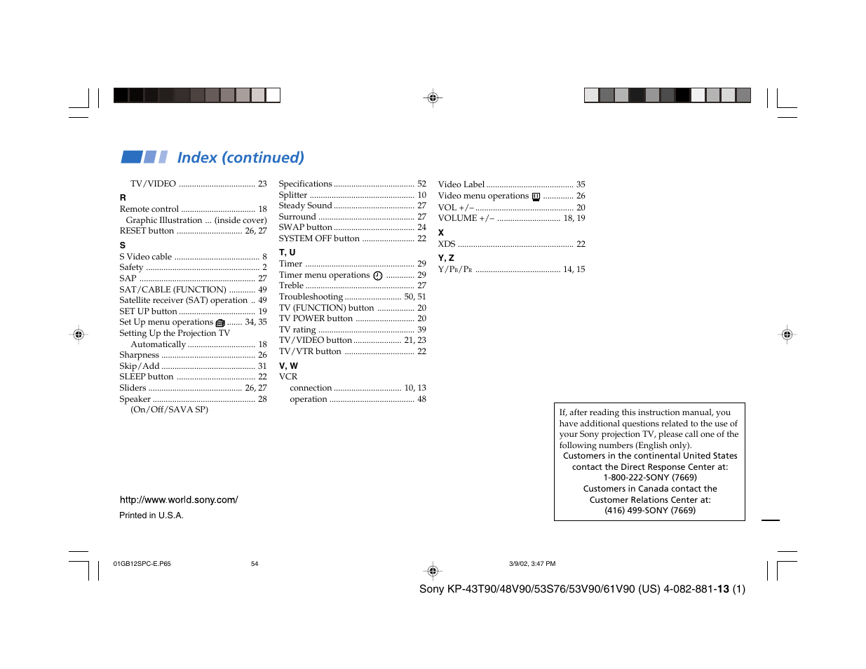 Index (continued) | Sony KP-53S76 User Manual | Page 58 / 58