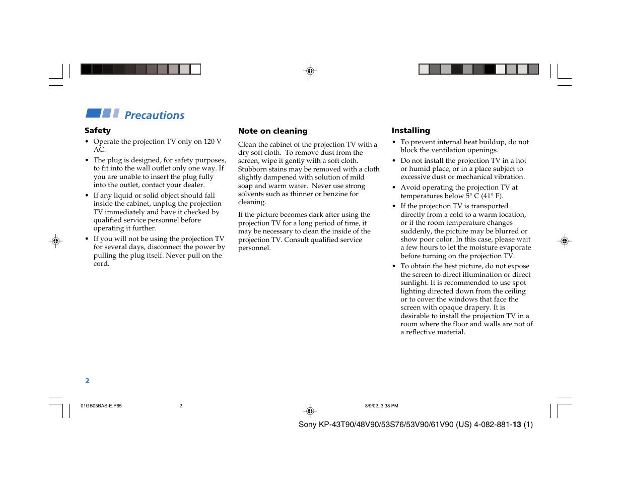 Precautions | Sony KP-53S76 User Manual | Page 6 / 58