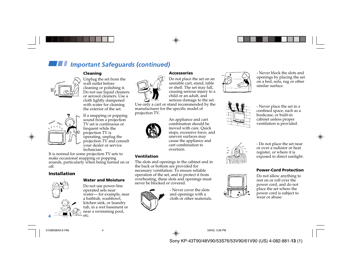 Important safeguards (continued) | Sony KP-53S76 User Manual | Page 8 / 58