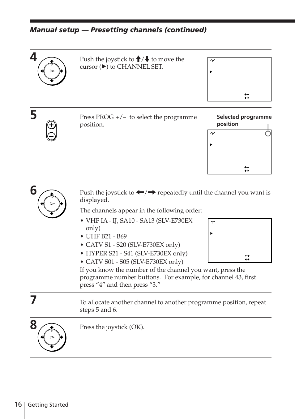 16 manual setup –– presetting channels (continued), Press prog +/– to select the programme position, Press the joystick (ok) | Getting started, Selected programme position | Sony SLV-E730EX/UX User Manual | Page 16 / 64