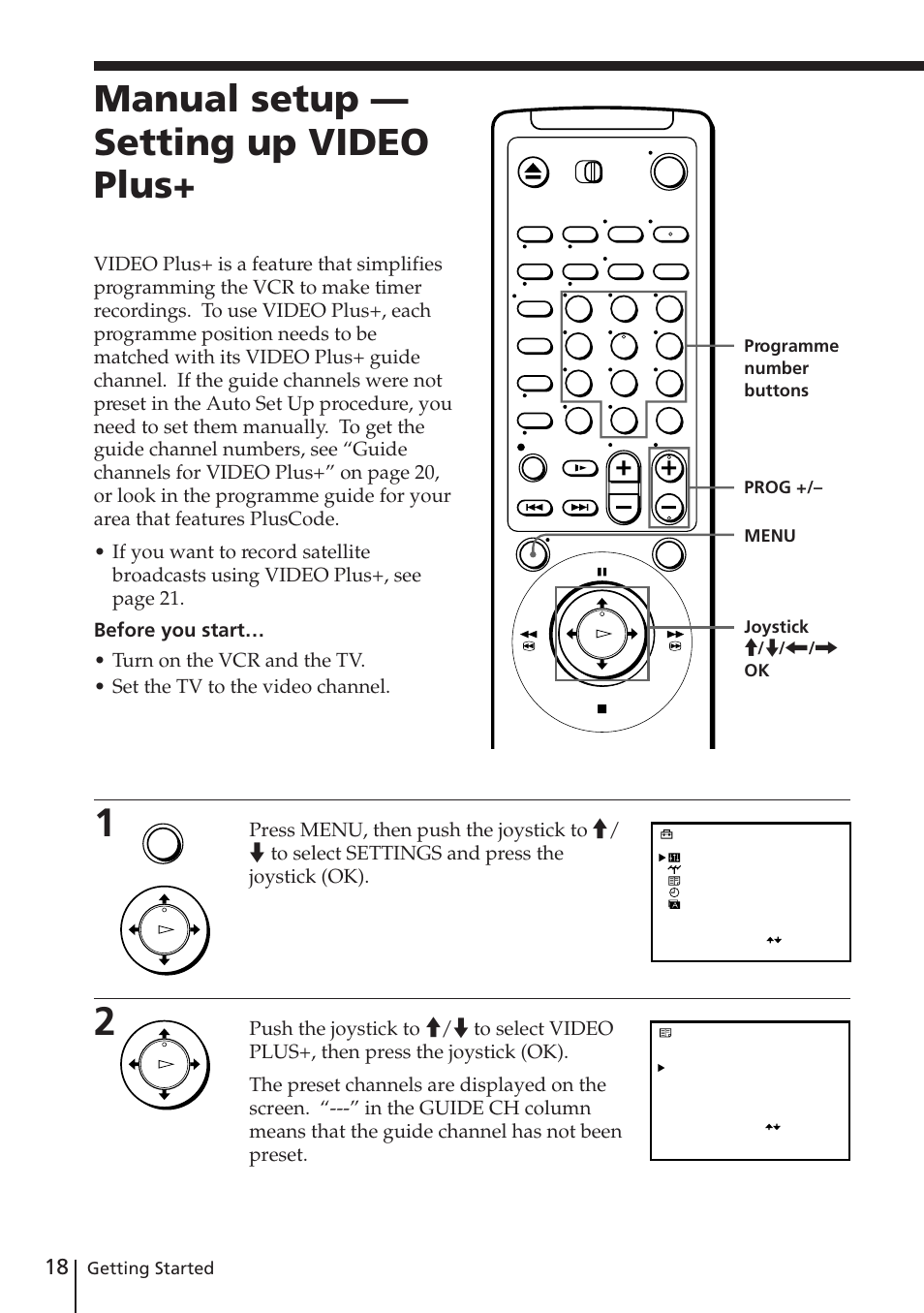 Manual setup — setting up video plus | Sony SLV-E730EX/UX User Manual | Page 18 / 64