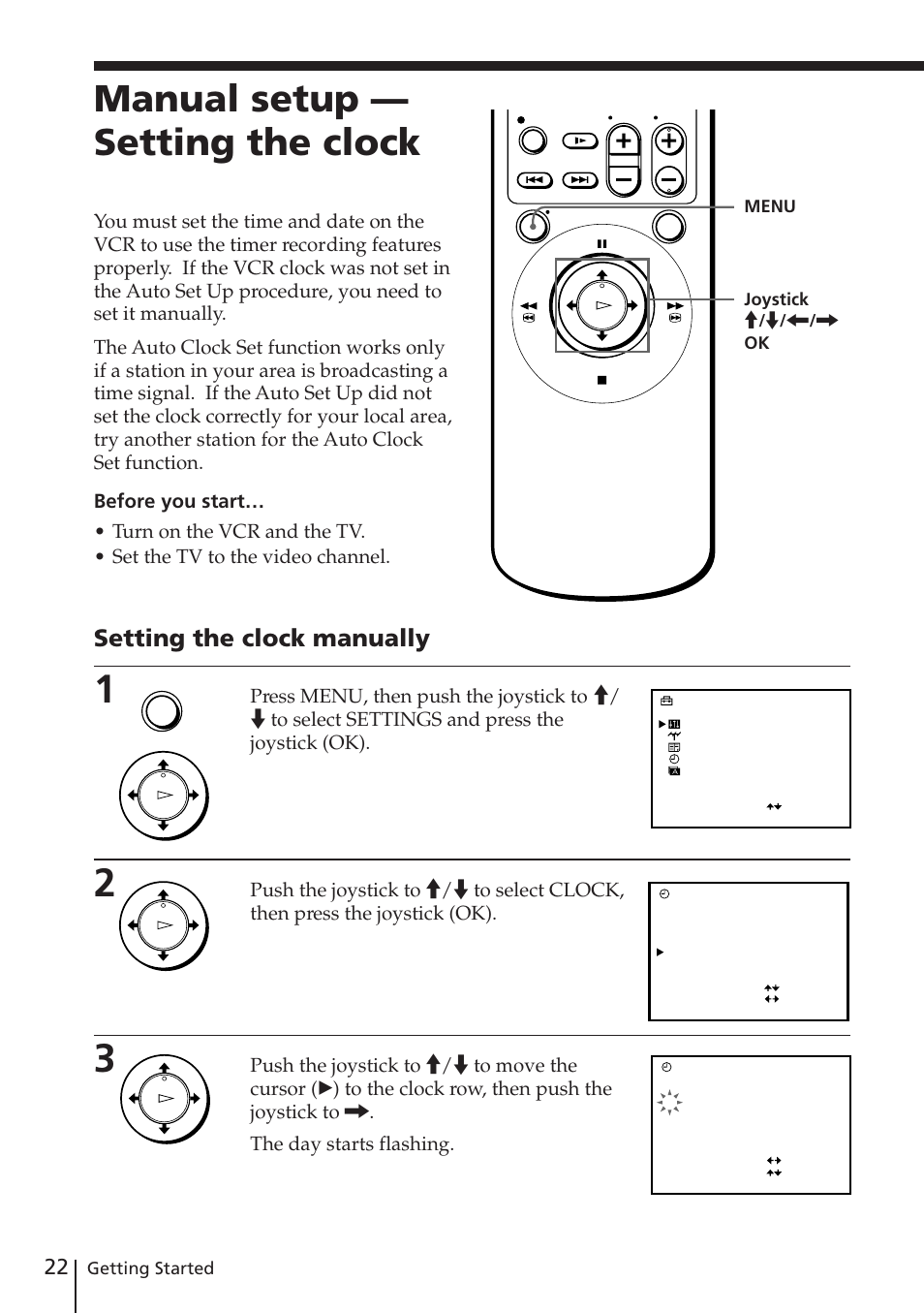 Manual setup — setting the clock, Setting the clock manually | Sony SLV-E730EX/UX User Manual | Page 22 / 64