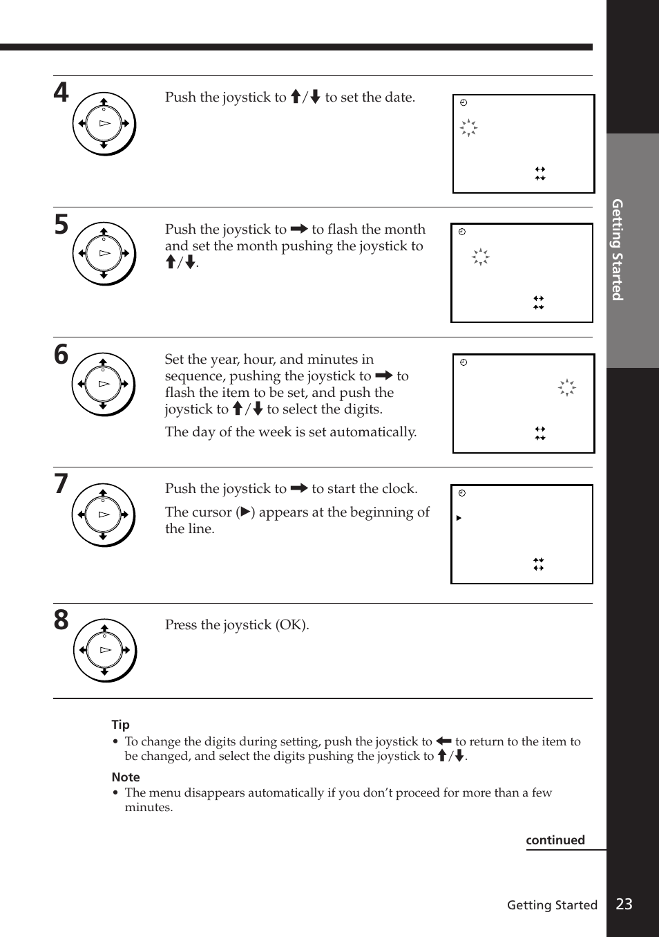 Push the joystick to >/. to set the date, Press the joystick (ok), Getting started | Sony SLV-E730EX/UX User Manual | Page 23 / 64