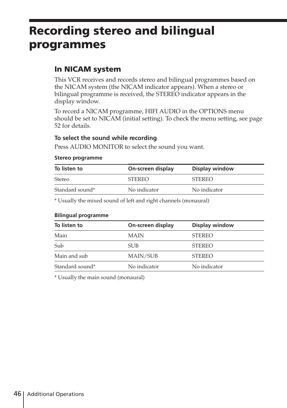 Recording stereo and bilingual programmes | Sony SLV-E730EX/UX User Manual | Page 46 / 64