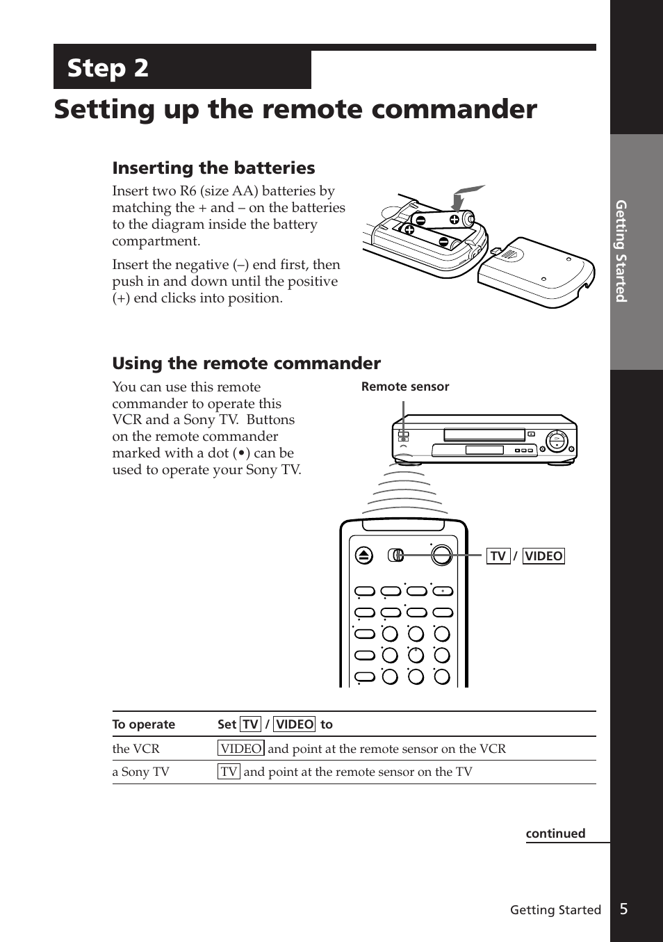 Setting up the remote commander, Step 2, Inserting the batteries | Using the remote commander | Sony SLV-E730EX/UX User Manual | Page 5 / 64