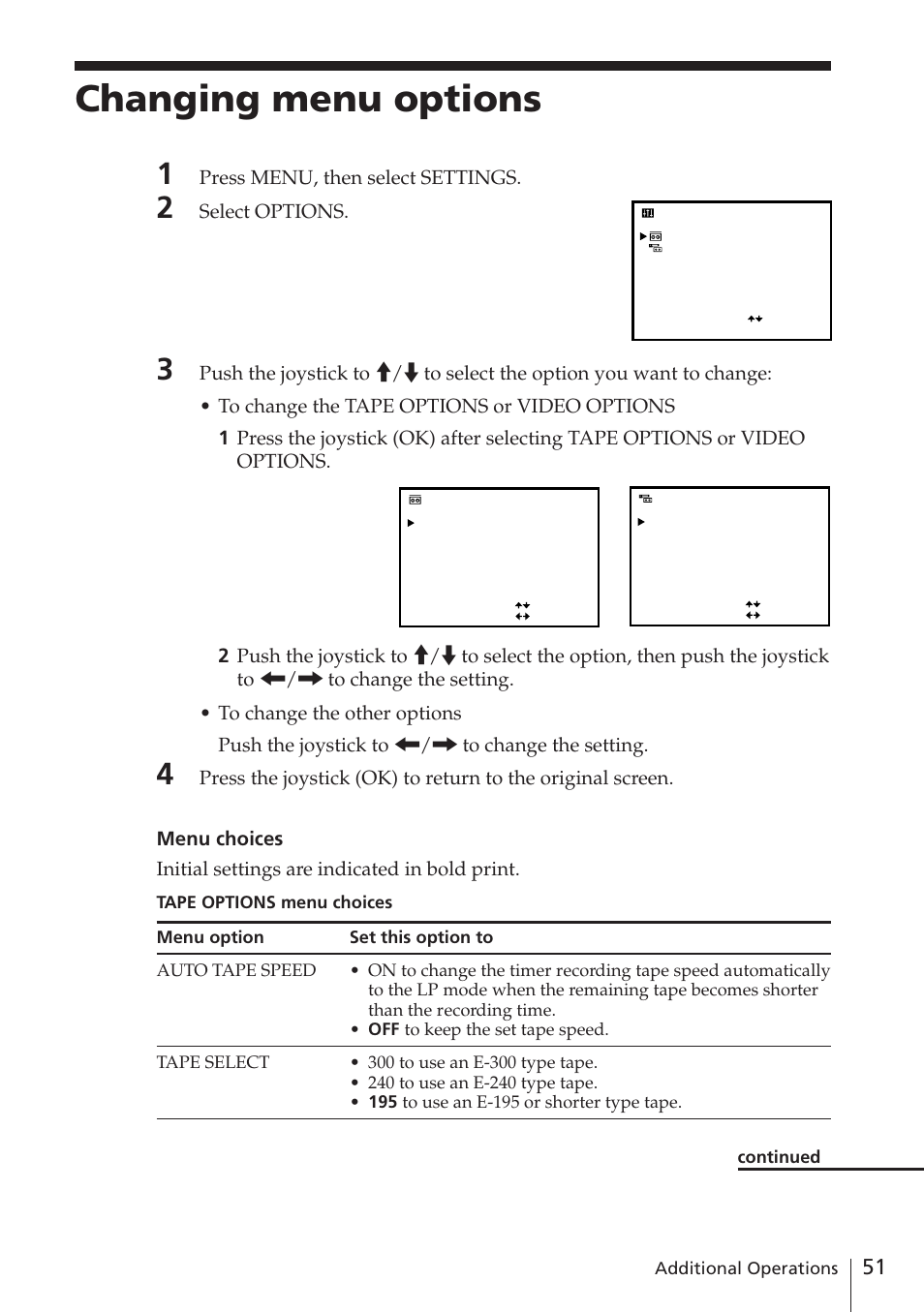 Changing menu options, Press menu, then select settings, Select options | Sony SLV-E730EX/UX User Manual | Page 51 / 64