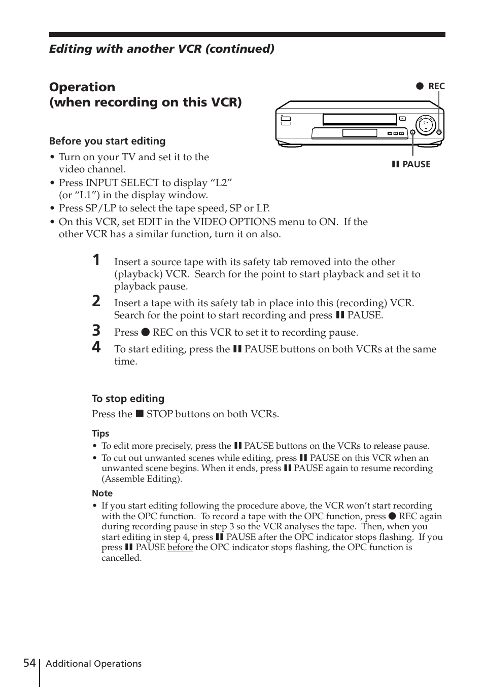 Operation (when recording on this vcr) | Sony SLV-E730EX/UX User Manual | Page 54 / 64