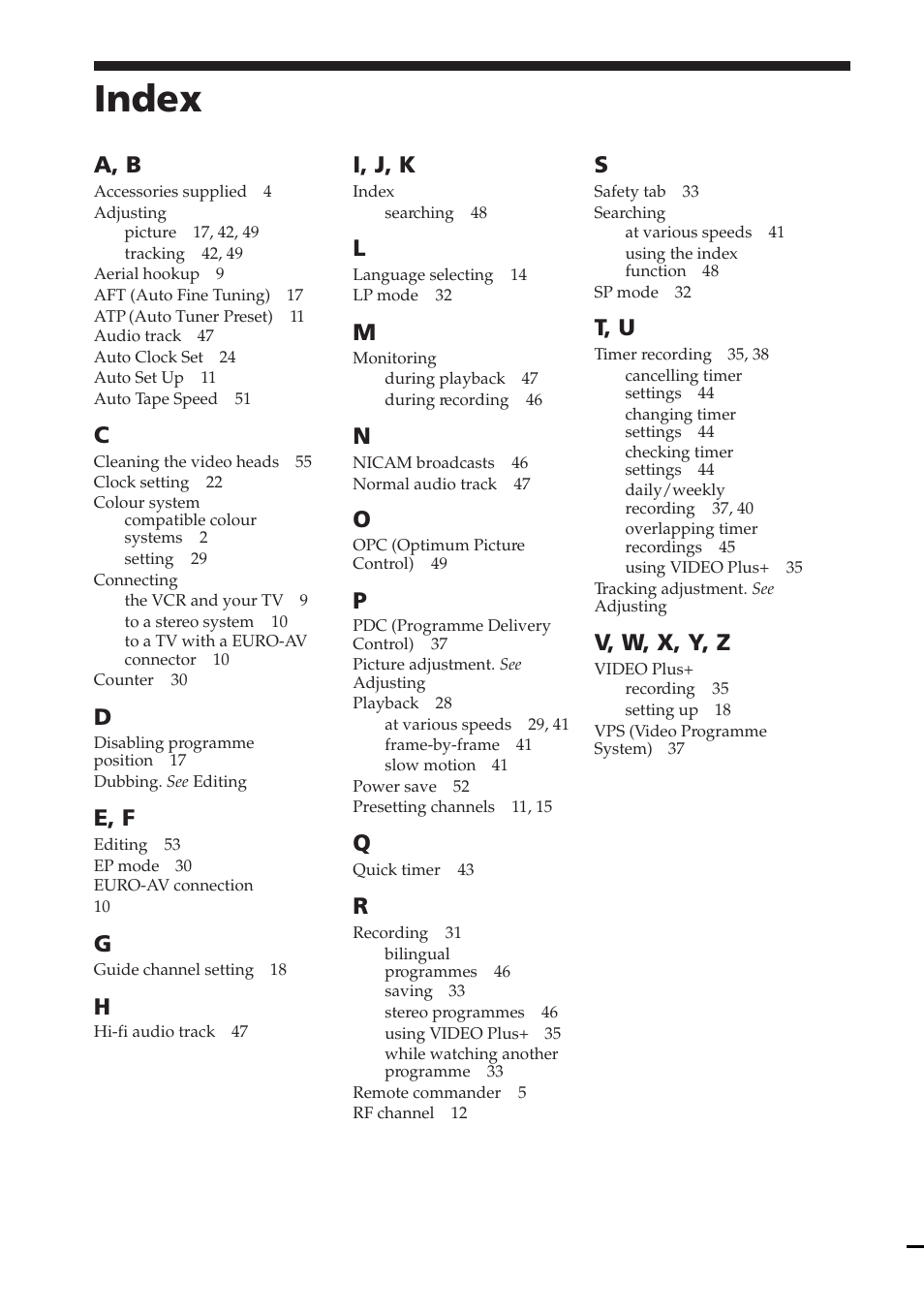 Index, A, b, E, f | I, j, k, T, u, V, w, x, y, z | Sony SLV-E730EX/UX User Manual | Page 64 / 64