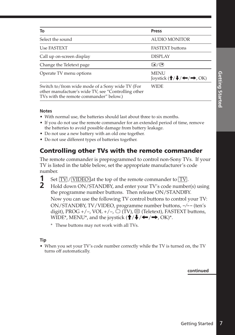 Controlling other tvs with the remote commander | Sony SLV-E730EX/UX User Manual | Page 7 / 64