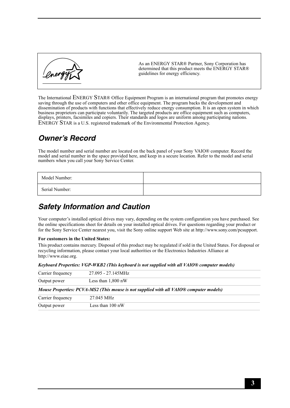 Owner’s record, Safety information and caution | Sony VGC-RB50(G) User Manual | Page 3 / 12