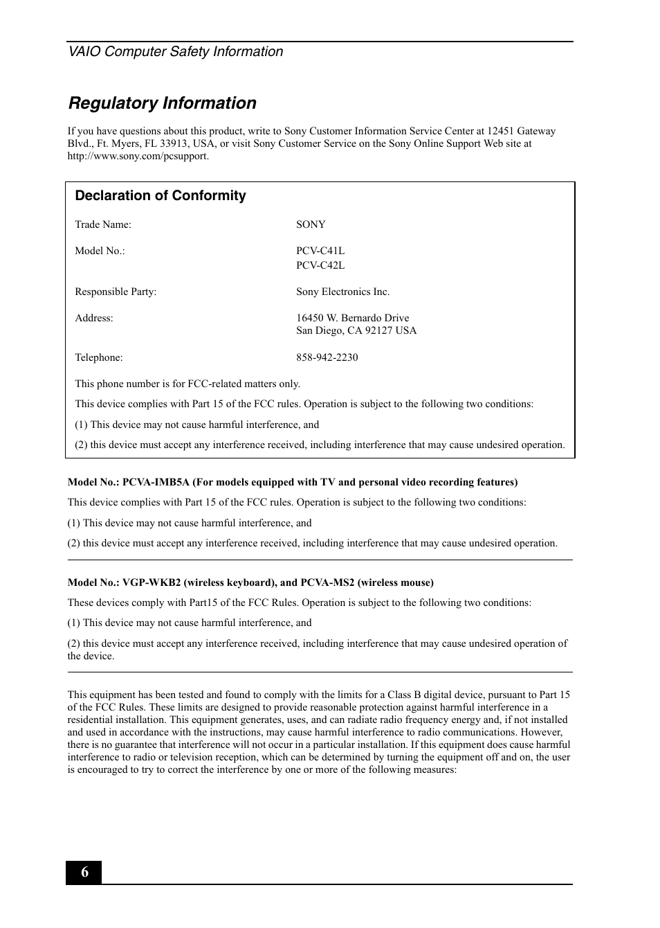 Regulatory information, Vaio computer safety information, Declaration of conformity | Sony VGC-RB50(G) User Manual | Page 6 / 12