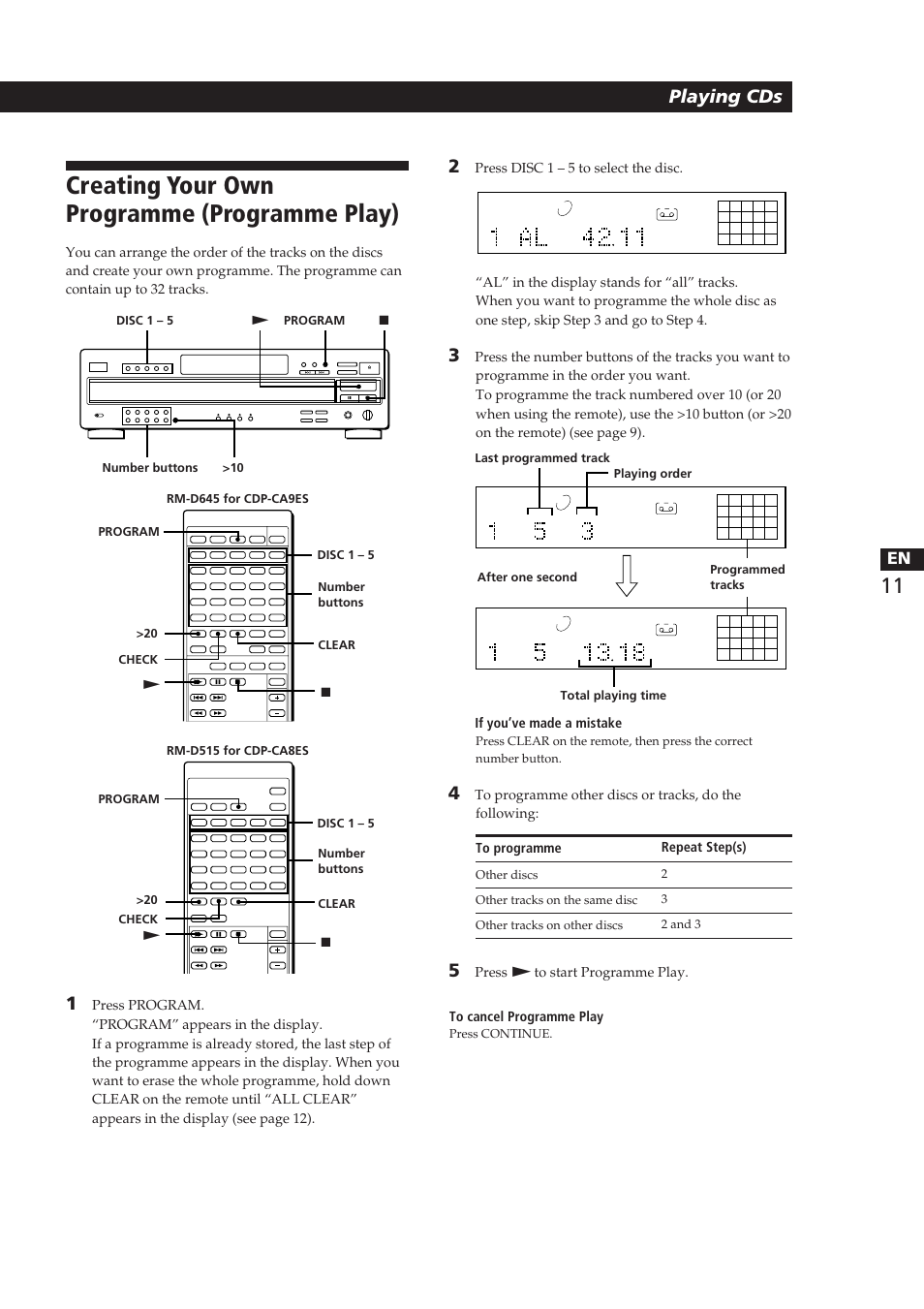 Creating your own programme (programme play), Playing cds | Sony CDP-CA8ES User Manual | Page 11 / 58