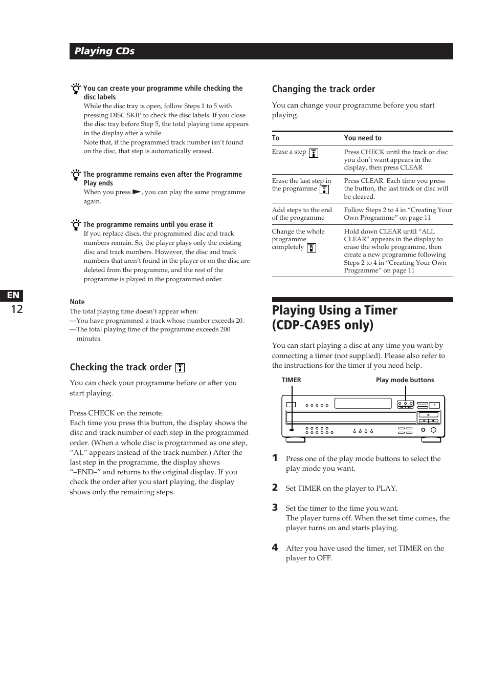 Playing using a timer (cdp-ca9es only), Playing cds, Checking the track order | Changing the track order | Sony CDP-CA8ES User Manual | Page 12 / 58