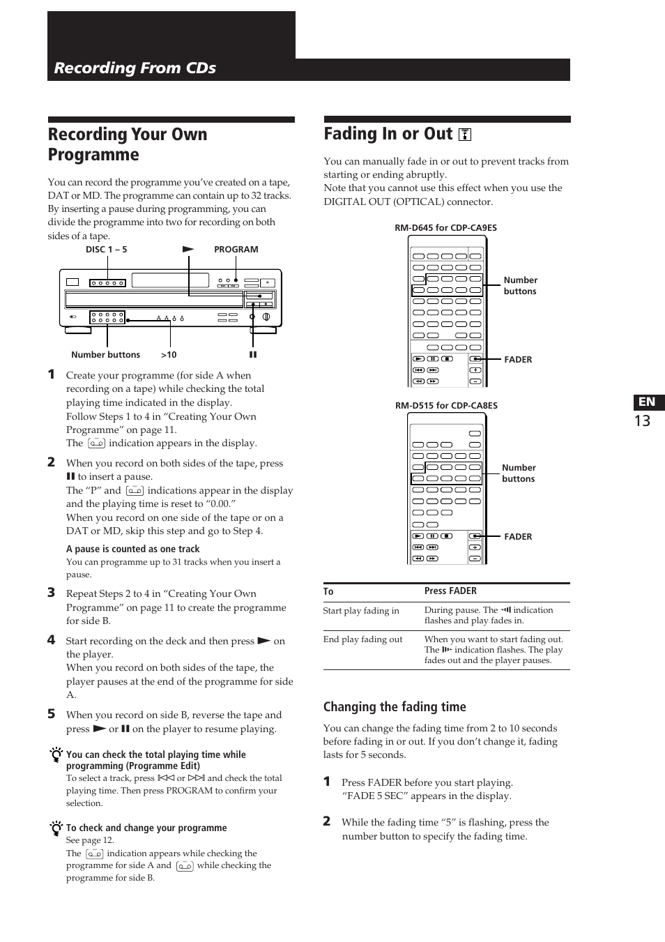 Recording your own programme, Fading in or out, Recording from cds | Changing the fading time | Sony CDP-CA8ES User Manual | Page 13 / 58