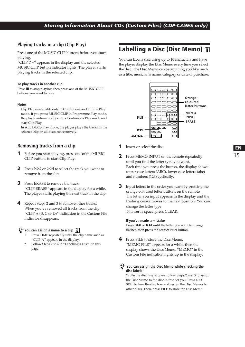 Playing tracks in a clip (clip play), Removing tracks from a clip 1 | Sony CDP-CA8ES User Manual | Page 15 / 58