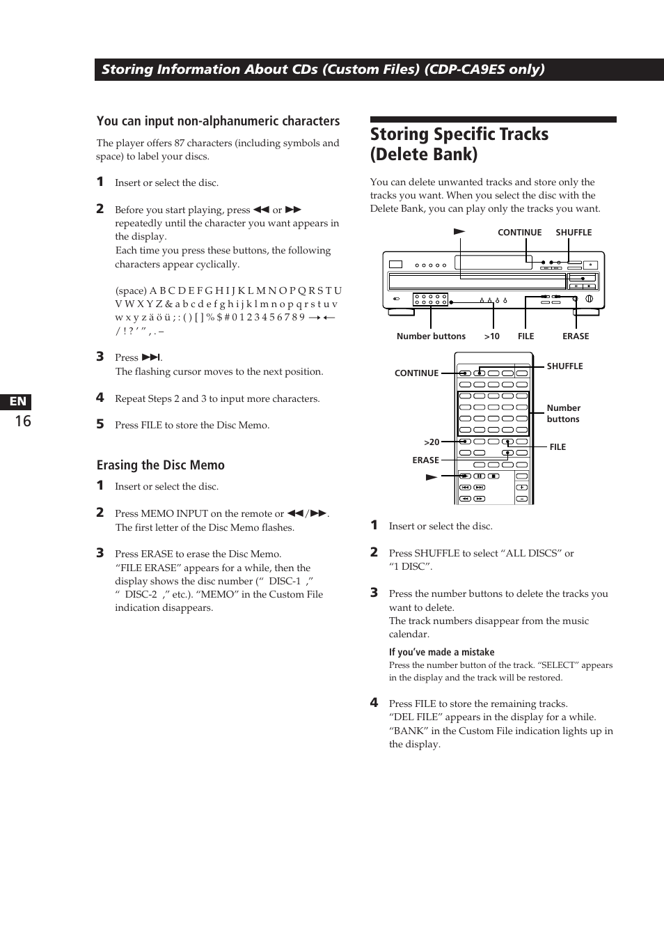 Storing specific tracks (delete bank), You can input non-alphanumeric characters | Sony CDP-CA8ES User Manual | Page 16 / 58