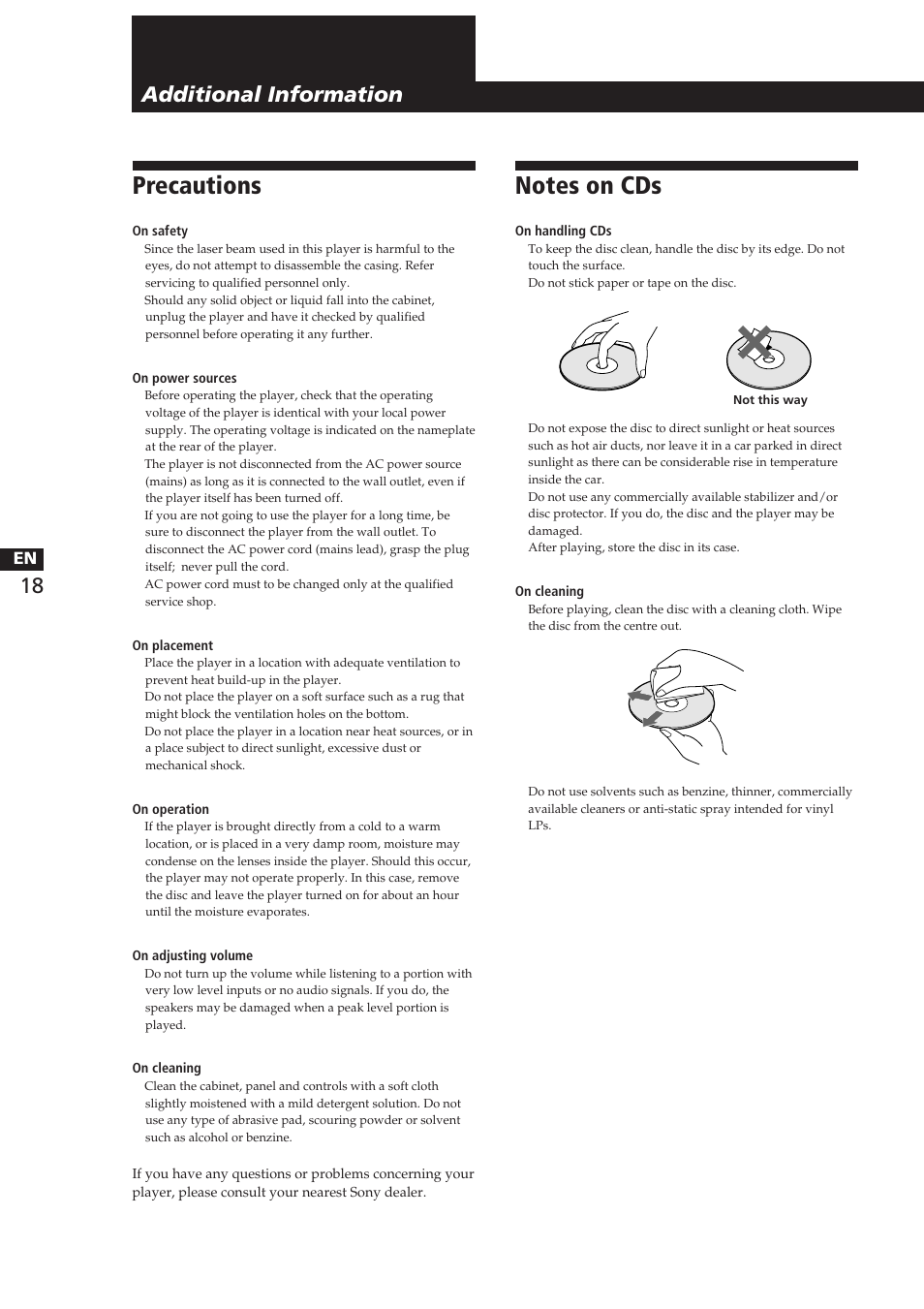 Precautions, Additional information | Sony CDP-CA8ES User Manual | Page 18 / 58