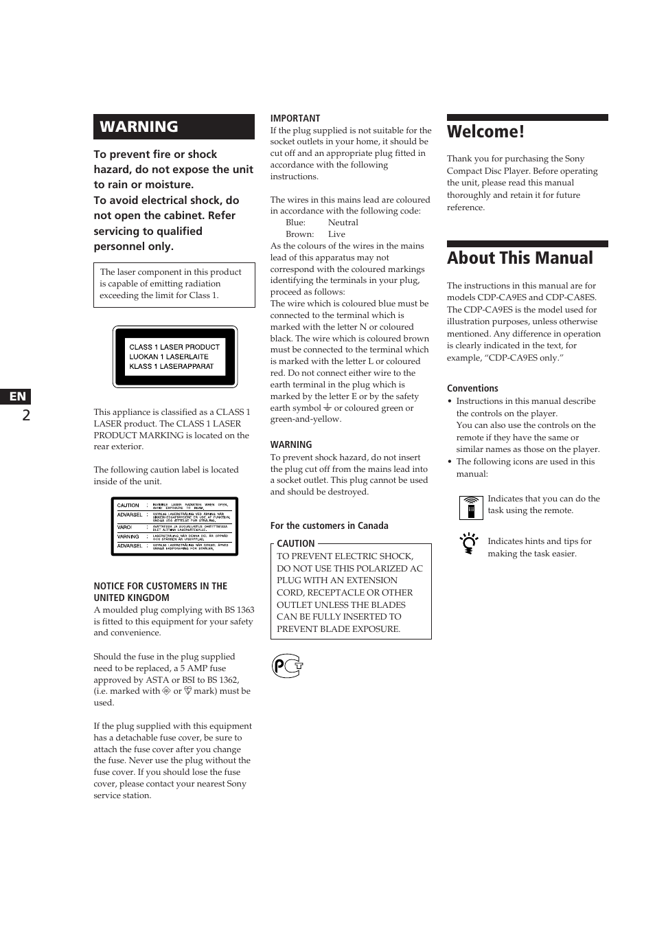 Welcome, About this manual, Warning | Sony CDP-CA8ES User Manual | Page 2 / 58